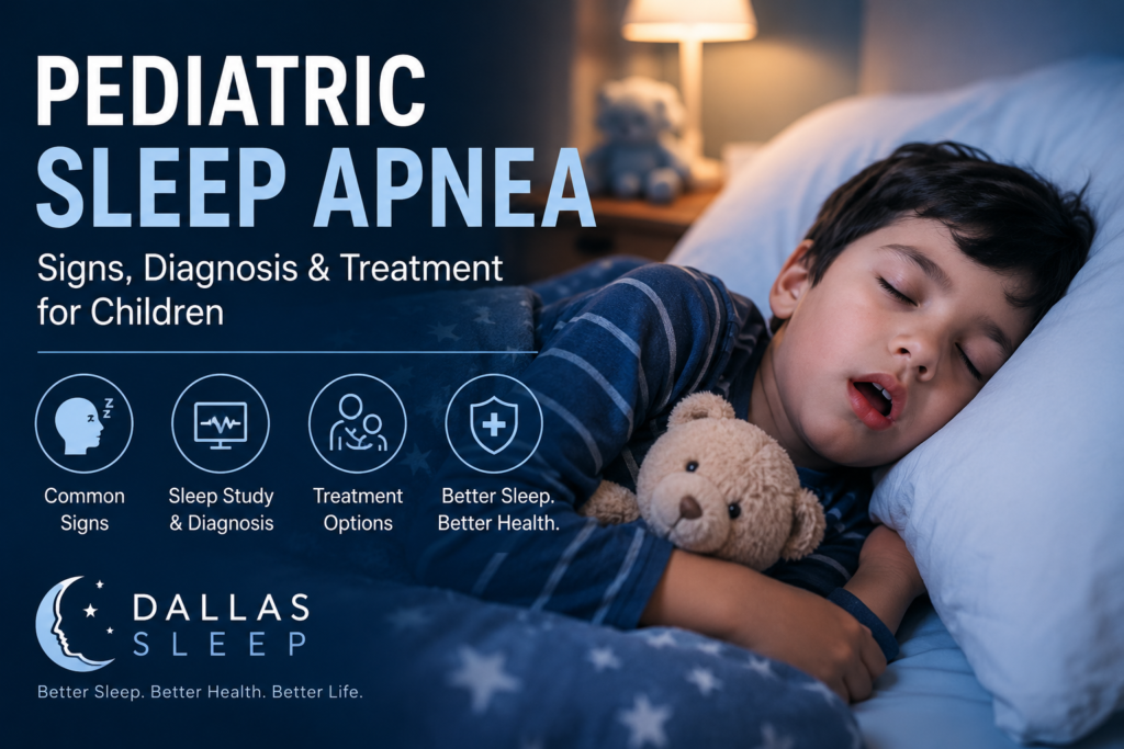 Dallas Sleep pediatric sleep apnea guide banner featuring a child sleeping in bed