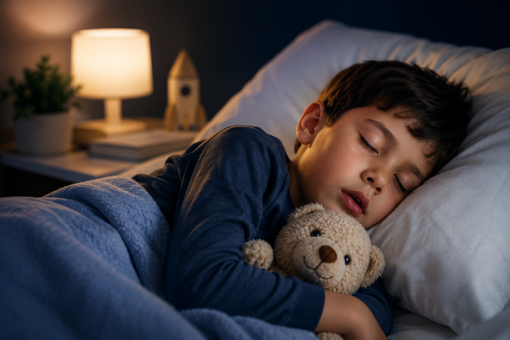 Young child sleeping peacefully while hugging a teddy bear, illustrating healthy sleep and pediatric sleep health.