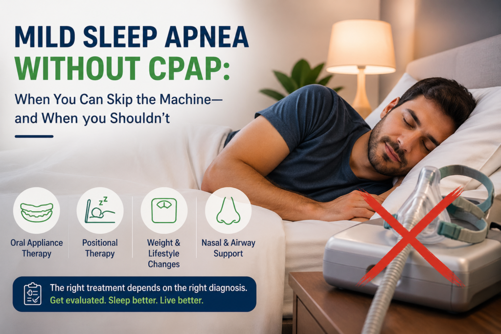 Mild sleep apnea without CPAP concept: man sleeping peacefully beside a CPAP machine marked with a red cross, highlighting alternative treatments like oral appliance, positional therapy, lifestyle changes, and nasal support.