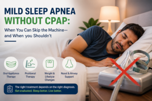 Mild sleep apnea without CPAP concept: man sleeping peacefully beside a CPAP machine marked with a red cross, highlighting alternative treatments like oral appliance, positional therapy, lifestyle changes, and nasal support.