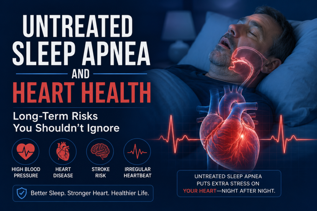 Man sleeping with highlighted airway and glowing heart illustration representing untreated sleep apnea and its long-term impact on heart health, including high blood pressure, stroke risk, and irregular heartbeat.