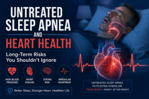 Man sleeping with highlighted airway and glowing heart illustration representing untreated sleep apnea and its long-term impact on heart health, including high blood pressure, stroke risk, and irregular heartbeat.
