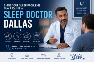 Sleep doctor in Dallas consulting with a patient about fatigue, snoring, insomnia, and sleep disorders during a professional sleep evaluation appointment.