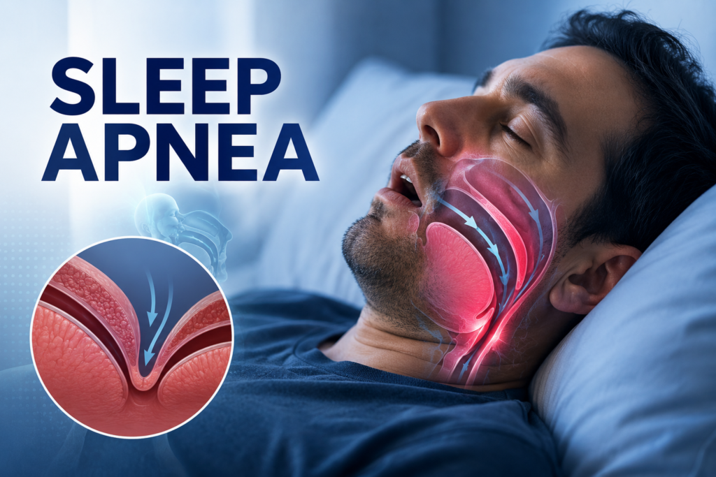 Medical infographic illustrating sleep apnea: a man sleeping in profile with an anatomically highlighted airway showing partial obstruction in the throat, visualized with red and blue medical overlays indicating restricted airflow. The image includes a detailed inset diagram of airway narrowing during sleep, emphasizing breathing disruption associated with snoring and sleep apnea. Dr. Raj Kakkar is referenced in the context of clinical interpretation and sleep disorder awareness.