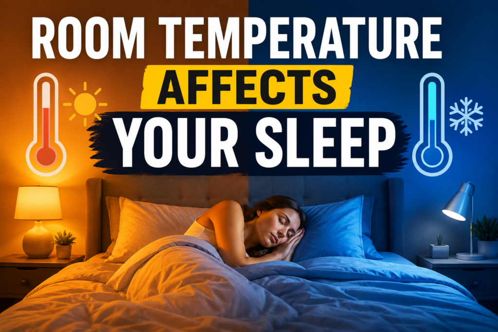 Person sleeping comfortably in bed with warm and cool room temperature settings showing how bedroom temperature affects sleep quality.