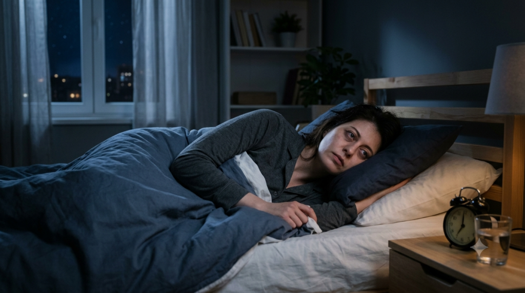 An exhausted person lying wide awake in a dark bedroom at night, staring blankly ahead while pulling up their bed covers, with a bedside clock showing late night hours visible on the nightstand.