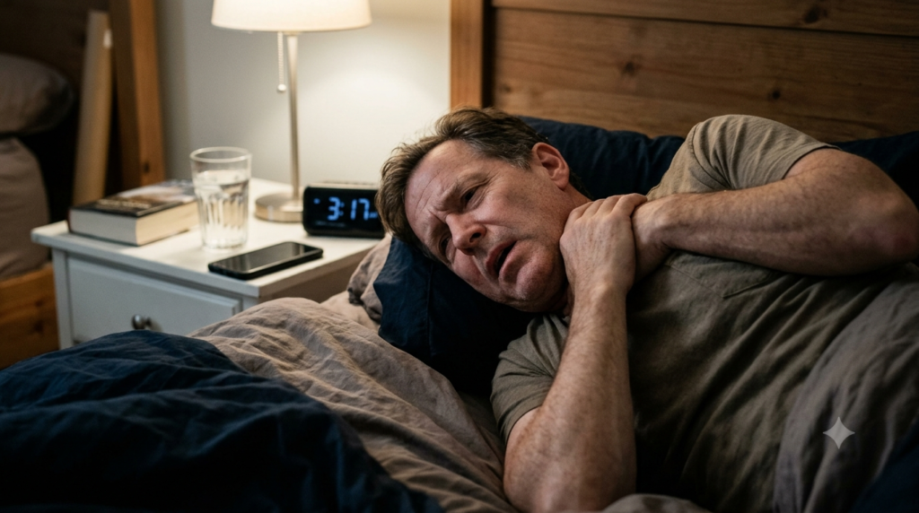 A middle-aged man lying restless in bed late at night, clutching his chest with an anxious expression, illustrating the connection between sleep apnea, nighttime discomfort, and heart-related concerns.