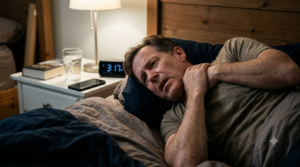 A middle-aged man lying restless in bed late at night, clutching his chest with an anxious expression, illustrating the connection between sleep apnea, nighttime discomfort, and heart-related concerns.