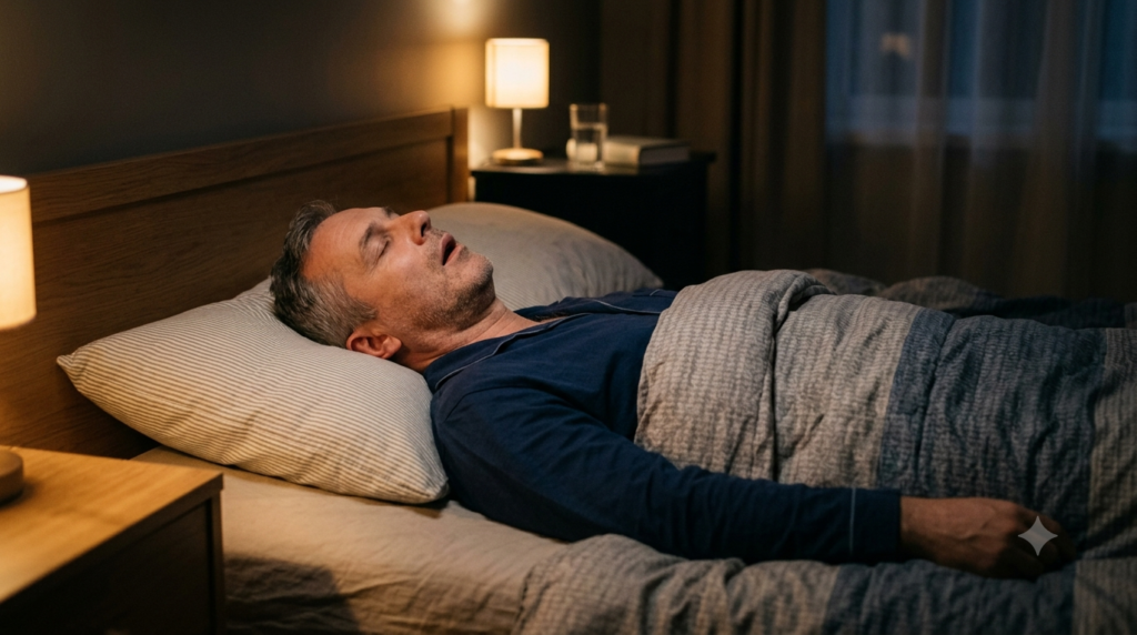 Man sleeping on his back at night, illustrating snoring caused by sleeping position
