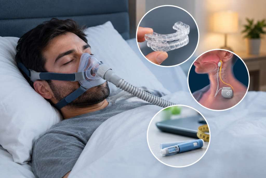 Man sleeping with a CPAP mask in bed, with illustrations of an oral appliance, hypoglossal nerve stimulation device, and medication injection representing sleep apnea treatment alternatives.